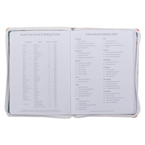 2027 Be Still and Know Large Zippered White Floral Faux Leather 18-Month Planner for Women - Psalm 46:10
