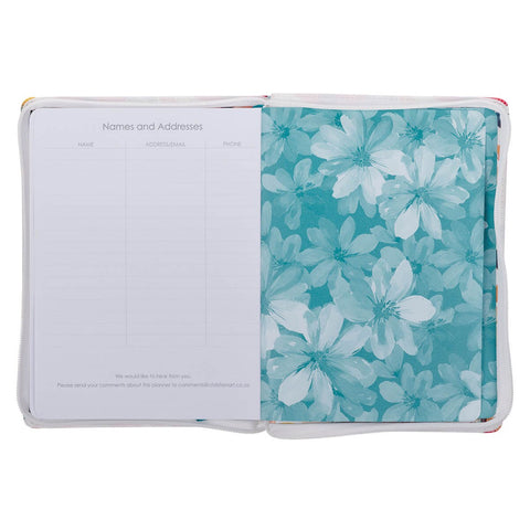 2027 Be Still and Know Large Zippered White Floral Faux Leather 18-Month Planner for Women - Psalm 46:10