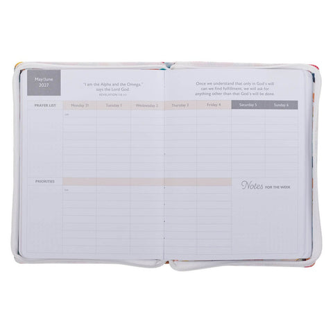 2027 Be Still and Know Large Zippered White Floral Faux Leather 18-Month Planner for Women - Psalm 46:10