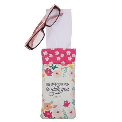 Lord is With You Pink Floral Faux Leather Double Eyeglass Case -  Zephaniah 3:17