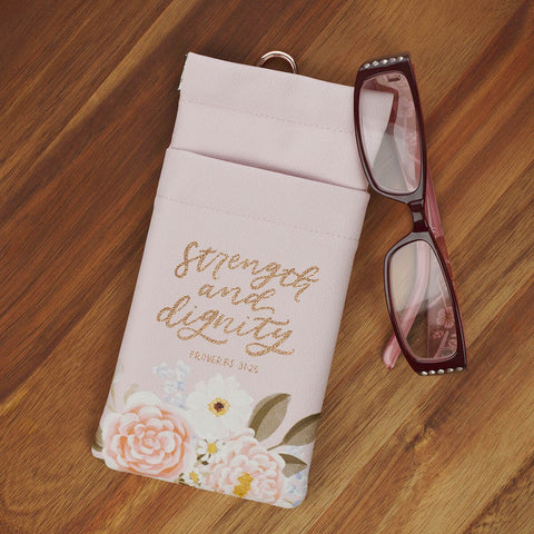Strength and Dignity Pink Floral Faux Leather Double Eyeglass Case - Proverbs 31:25