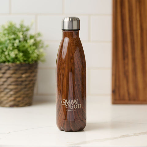 Man of God Wood Design Stainless Steel Water Bottle - 1 Timothy 6:11