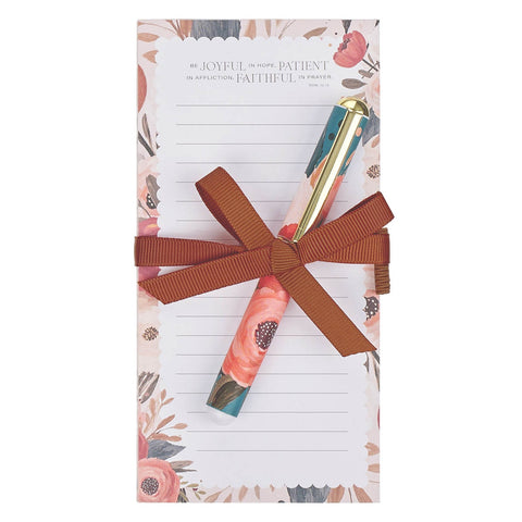 Joyful Patient Faithful Magnetic Notepad and Pen Gift Set - Romans 12:12