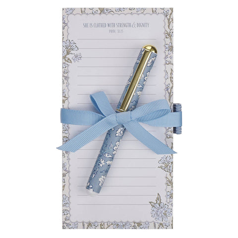 Strength and Dignity Blue Cottage Garden Magnetic Notepad and Pen Gift Set - Proverbs 31:25
