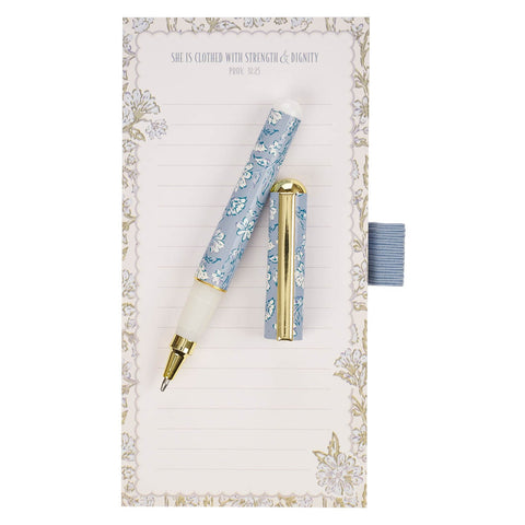 Strength and Dignity Blue Cottage Garden Magnetic Notepad and Pen Gift Set - Proverbs 31:25