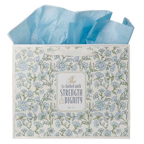 Strength and Dignity Blue Cottage Garden Large Landscape Gift Bag - Proverbs 31:25