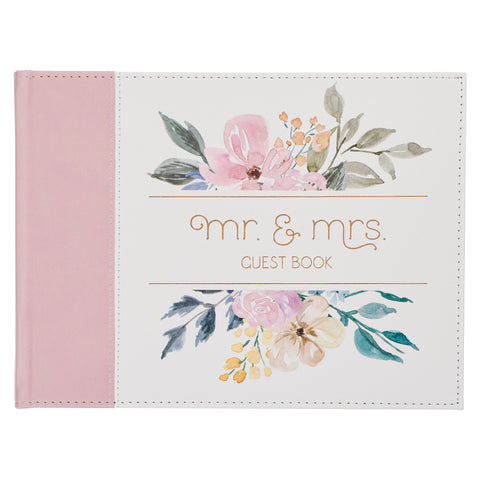 Pink Floral Mr. & Mrs. Medium Faux Leather  Wedding Guest Book  - 1 John 4:19