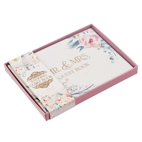 Mr. & Mrs. Peachy-pink Floral Faux Leather Medium Wedding Guest Book - 1 John 4:19