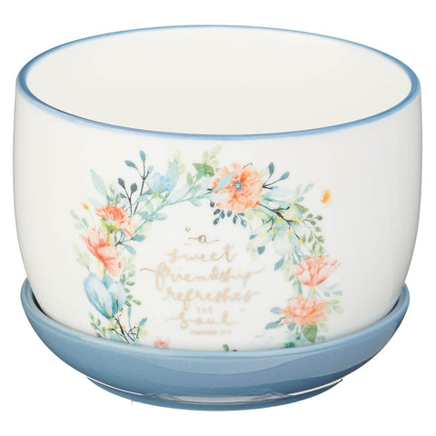 Sweet Friendship Bright Floral Wreath Ceramic Planter with Saucer - Proverbs 27:9
