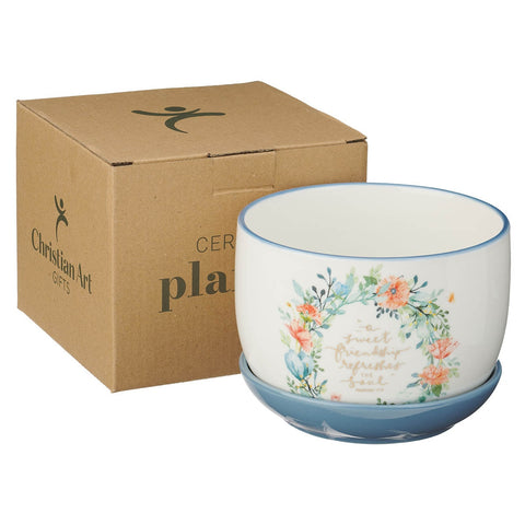 Sweet Friendship Bright Floral Wreath Ceramic Planter with Saucer - Proverbs 27:9