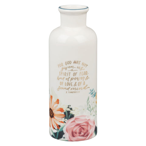 God Has Not Given Us a Spirit of Fear Teal Floral Ceramic Table Vase - Timothy 1:7