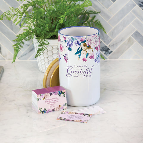 Today I'm Grateful For Purple Floral Ceramic Gratitude Jar with Cards