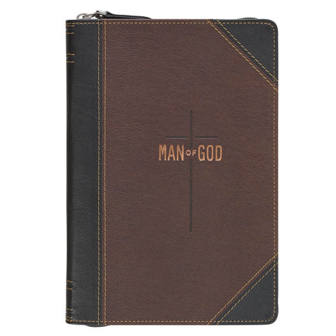 Man of God Espresso Brown and Walnut Faux Leather Classic Journal with Zipper Closure - 1 Timothy 6:11