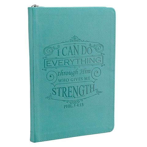 I Can Do Everything Zippered Classic LuxLeather Journal In Turquoise - Philippians 4:13