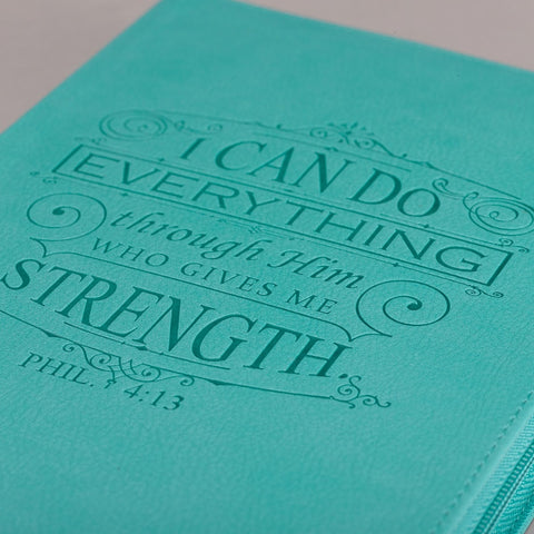 I Can Do Everything Zippered Classic LuxLeather Journal In Turquoise - Philippians 4:13