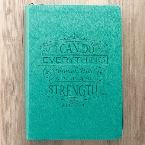 I Can Do Everything Zippered Classic LuxLeather Journal In Turquoise - Philippians 4:13
