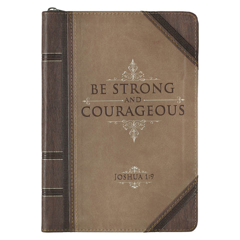 Strong and Courageous Walnut-Brown and Tan Faux Leather Classic Journal with Zipper Closure - Joshua 1:9