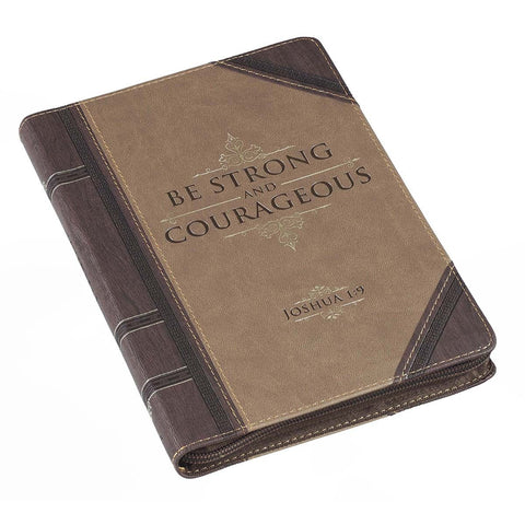 Strong and Courageous Walnut-Brown and Tan Faux Leather Classic Journal with Zipper Closure - Joshua 1:9