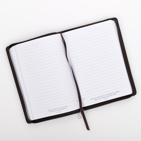 Strong and Courageous Walnut-Brown and Tan Faux Leather Classic Journal with Zipper Closure - Joshua 1:9