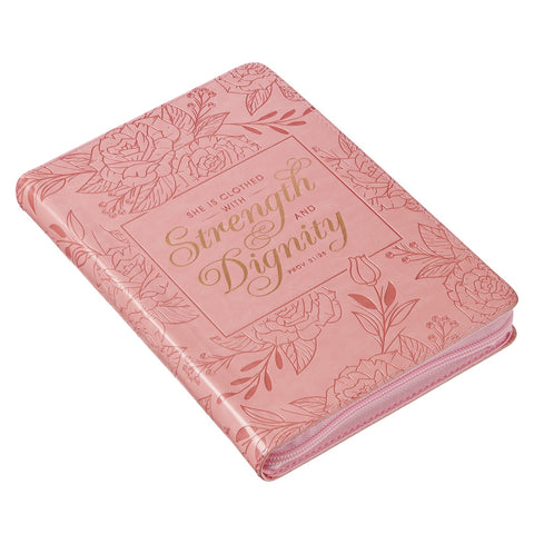 Strength and Dignity Peach Pink Faux Leather Classic Journal with Zipper Closure - Proverbs 31:25