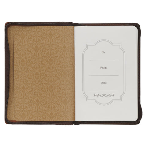 With God All Things Are Possible Two-tone Brown Faux Leather Classic Journal with Zippered Closure - Matthew 19:26