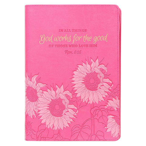 God Works For The Good Pink Sunflower Faux Leather Classic Journal with Zippered Closure - Romans 8:28