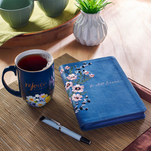 Be Still Floral Embroidered Blue Faux Leather Classic Journal with Zippered Closure - Psalm 46:10