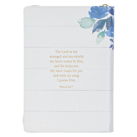 The Lord is my Strength Blue Floral Faux Leather Classic Journal with Zipper Closure - Psalm 28:7