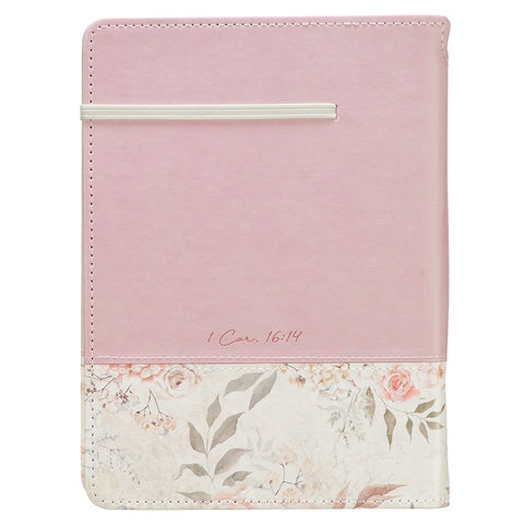 Done in Love Pink Floral Classic Journal with Elastic Closure and Pen Holder - 1 Corinthians 16:14