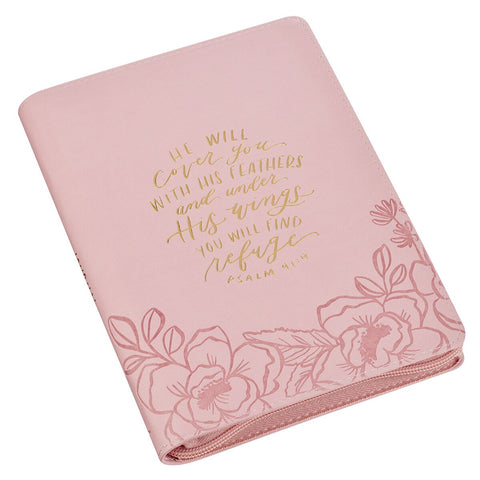 Under His Wings Pink Faux Leather Classic Journal with Zipper Closure - Psalm 91:4