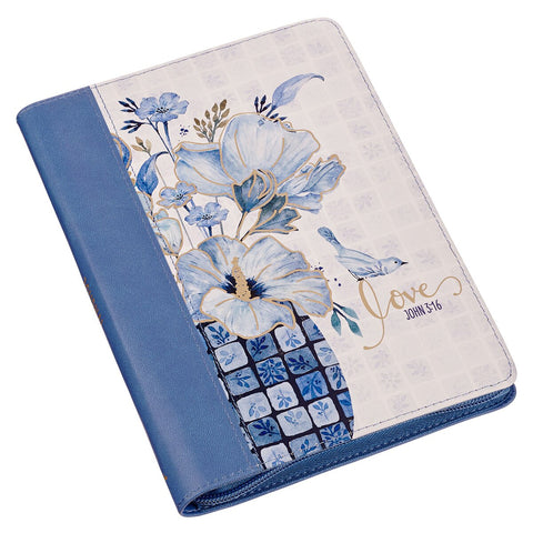 Love Blue Floral Tile Faux Leather Journal with Zipper Closure - John 3:16