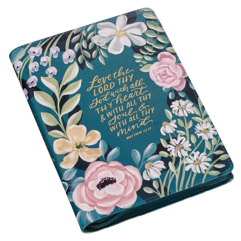 Love the Lord Teal Floral Faux Leather Journal with Zipper Closure - Matthew 22:37