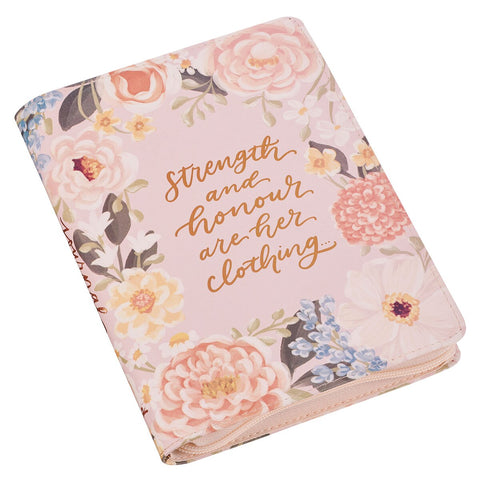 Strength and Honor Pink Floral Faux Leather Classic Journal with Zipper Closure - Proverbs 31:25