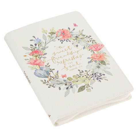 A Sweet Friendship Bright Floral Wreath Faux Leather Classic Journal with Zipper Closure - Proverbs 27:9