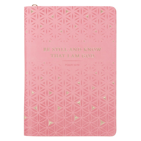 Be Still and Know Geometric Pink Faux Leather Journal with Zipper Closure - Psalm 46:10