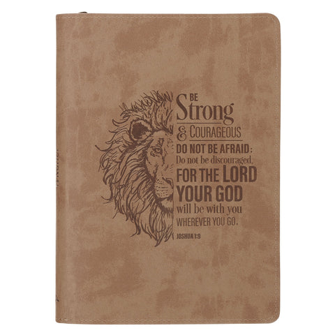Be Strong and Courageous Lion Tan Faux Leather Journal with Zipper Closure - Joshua 1:9
