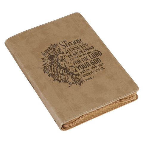Be Strong and Courageous Lion Tan Faux Leather Journal with Zipper Closure - Joshua 1:9