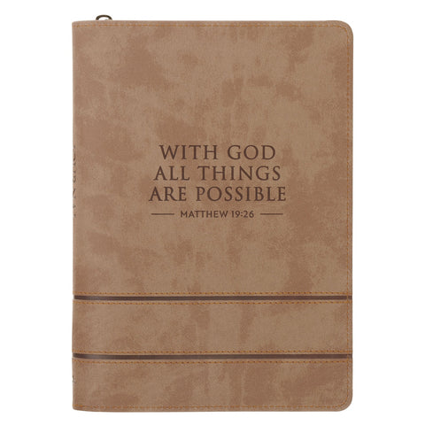 With God All Things Are Possible Tan Faux Leather Journal with Zipper Closure - Matthew 19:26