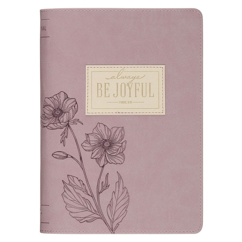 Christian Art Gifts Inspirational Zippered Journal, Be Joyful Wide Ruled Notebook, 1 Thessalonians 5:16 Bible Verse, Dusty Mauve Vegan Leather, 336 Lined Pages w/Scripture