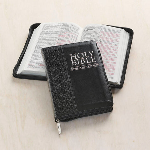 Black Faux Leather Compact King James Version Bible with Zippered Closure