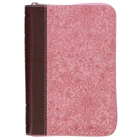 Pink and Saddle Tan Faux Leather Mini Pocket King James Version Bible with Zippered Closure