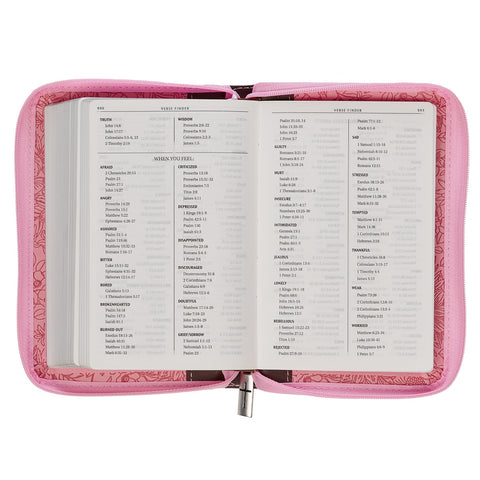 Pink and Saddle Tan Faux Leather Mini Pocket King James Version Bible with Zippered Closure