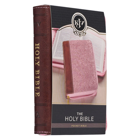 Pink and Saddle Tan Faux Leather Mini Pocket King James Version Bible with Zippered Closure