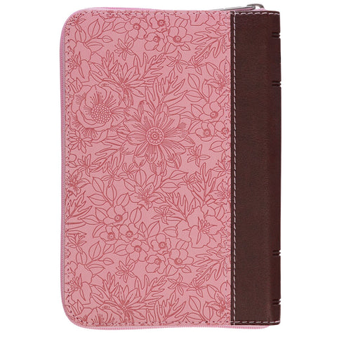Pink and Saddle Tan Faux Leather Mini Pocket King James Version Bible with Zippered Closure