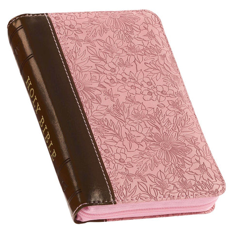 Pink and Saddle Tan Faux Leather Mini Pocket King James Version Bible with Zippered Closure