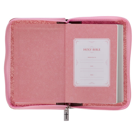 Pink and Saddle Tan Faux Leather Mini Pocket King James Version Bible with Zippered Closure