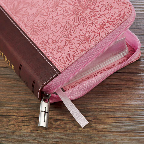 Pink and Saddle Tan Faux Leather Mini Pocket King James Version Bible with Zippered Closure