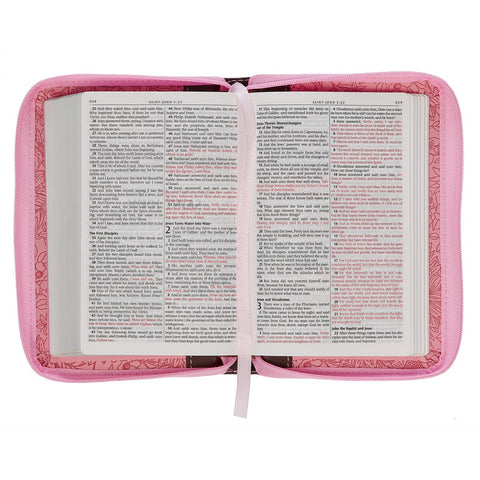 Pink and Saddle Tan Faux Leather Mini Pocket King James Version Bible with Zippered Closure