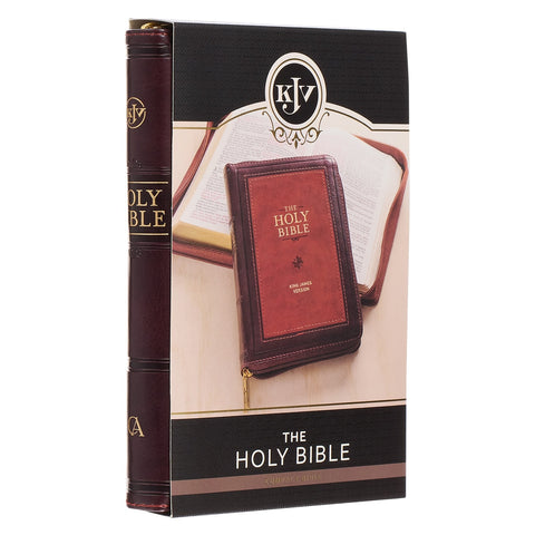 Burgundy and Saddle Tan Framed Faux Leather Compact King James Version Bible with Zippered Closure