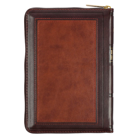 Burgundy and Saddle Tan Framed Faux Leather Compact King James Version Bible with Zippered Closure